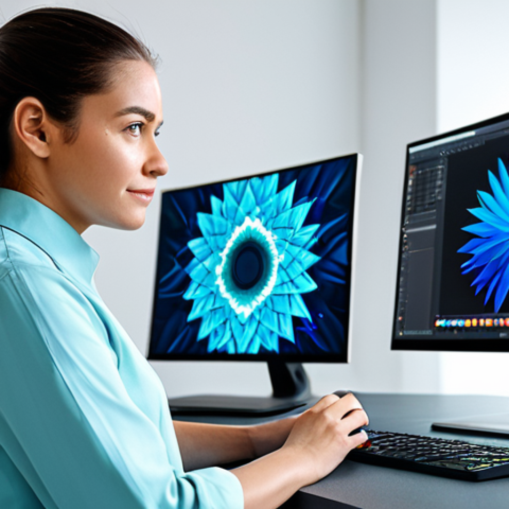 A professional digital artist, female, in a modern, well-lit studio, wearing modest, contemporary attire. She is focused on a large holographic display, meticulously crafting intricate digital artwork that radiates vibrant colors and abstract forms, showcasing her creative process. The background features subtle digital tools and a comfortable, organized workspace, suggesting a thriving community connection. She maintains a natural pose with perfect anatomy, correct proportions, well-formed hands, and proper finger count. The scene conveys creativity, innovation, and digital craftsmanship. Professional photography, high-resolution, natural lighting, safe for work, appropriate content, fully clothed, professional dress, modest clothing, family-friendly.