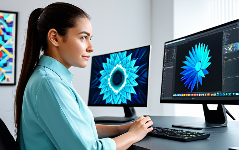 A professional digital artist, female, in a modern, well-lit studio, wearing modest, contemporary attire. She is focused on a large holographic display, meticulously crafting intricate digital artwork that radiates vibrant colors and abstract forms, showcasing her creative process. The background features subtle digital tools and a comfortable, organized workspace, suggesting a thriving community connection. She maintains a natural pose with perfect anatomy, correct proportions, well-formed hands, and proper finger count. The scene conveys creativity, innovation, and digital craftsmanship. Professional photography, high-resolution, natural lighting, safe for work, appropriate content, fully clothed, professional dress, modest clothing, family-friendly.